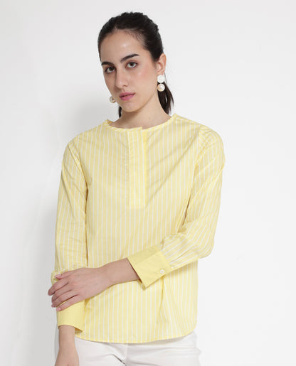 Rareism Women Zelma Yellow Cuffed Sleeve Round Neck Button Narrow Stripes Top