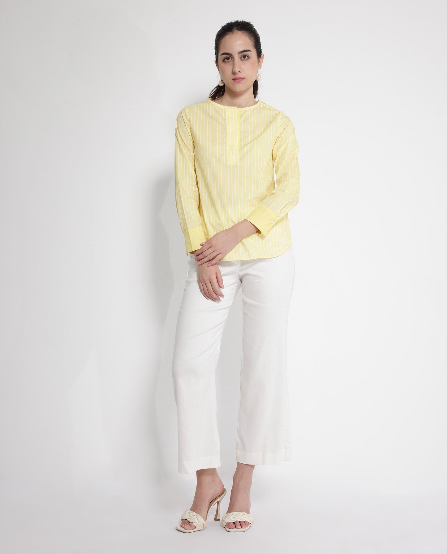 Rareism Women Zelma Yellow Cuffed Sleeve Round Neck Button Narrow Stripes Top