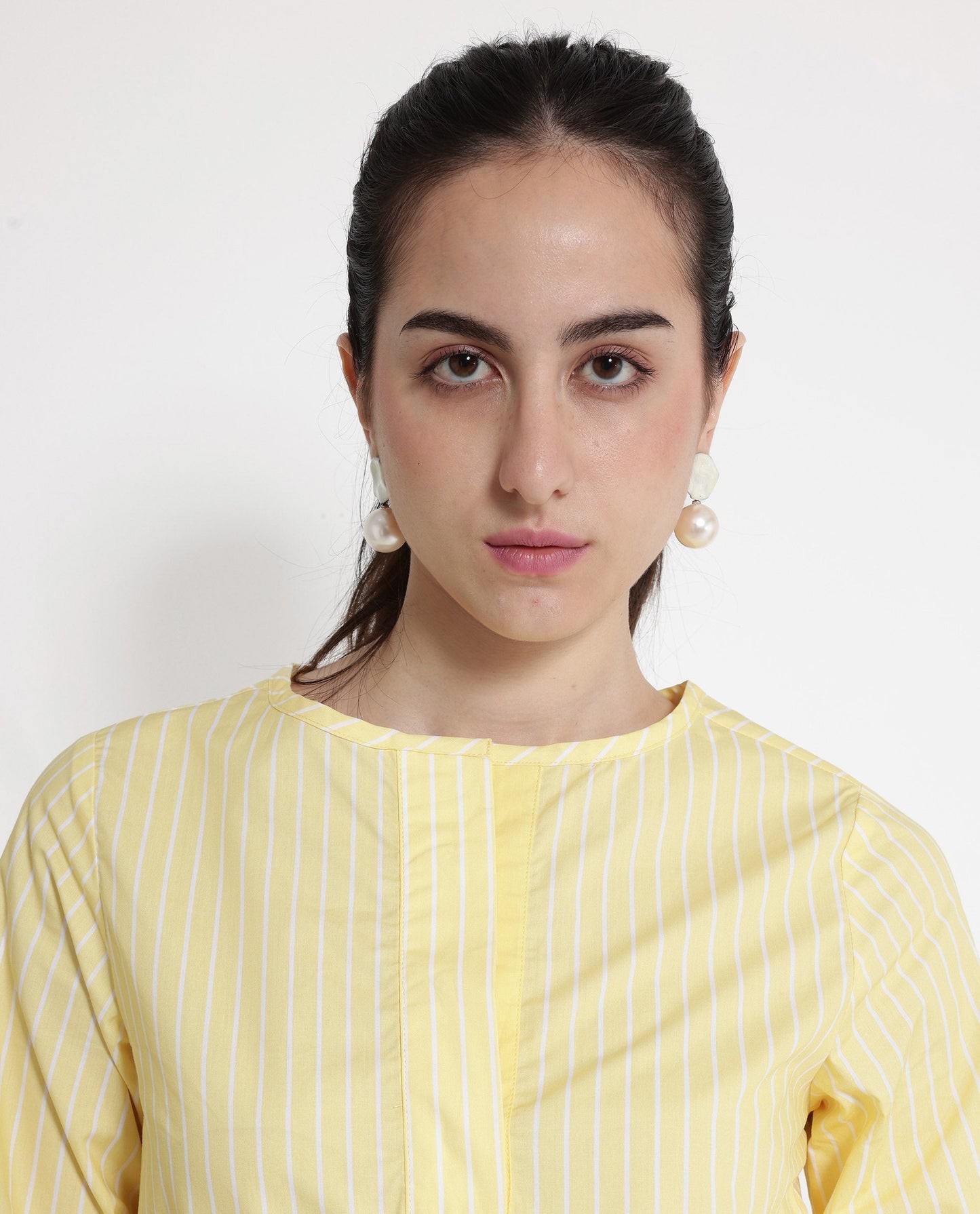 Rareism Women Zelma Yellow Cuffed Sleeve Round Neck Button Narrow Stripes Top