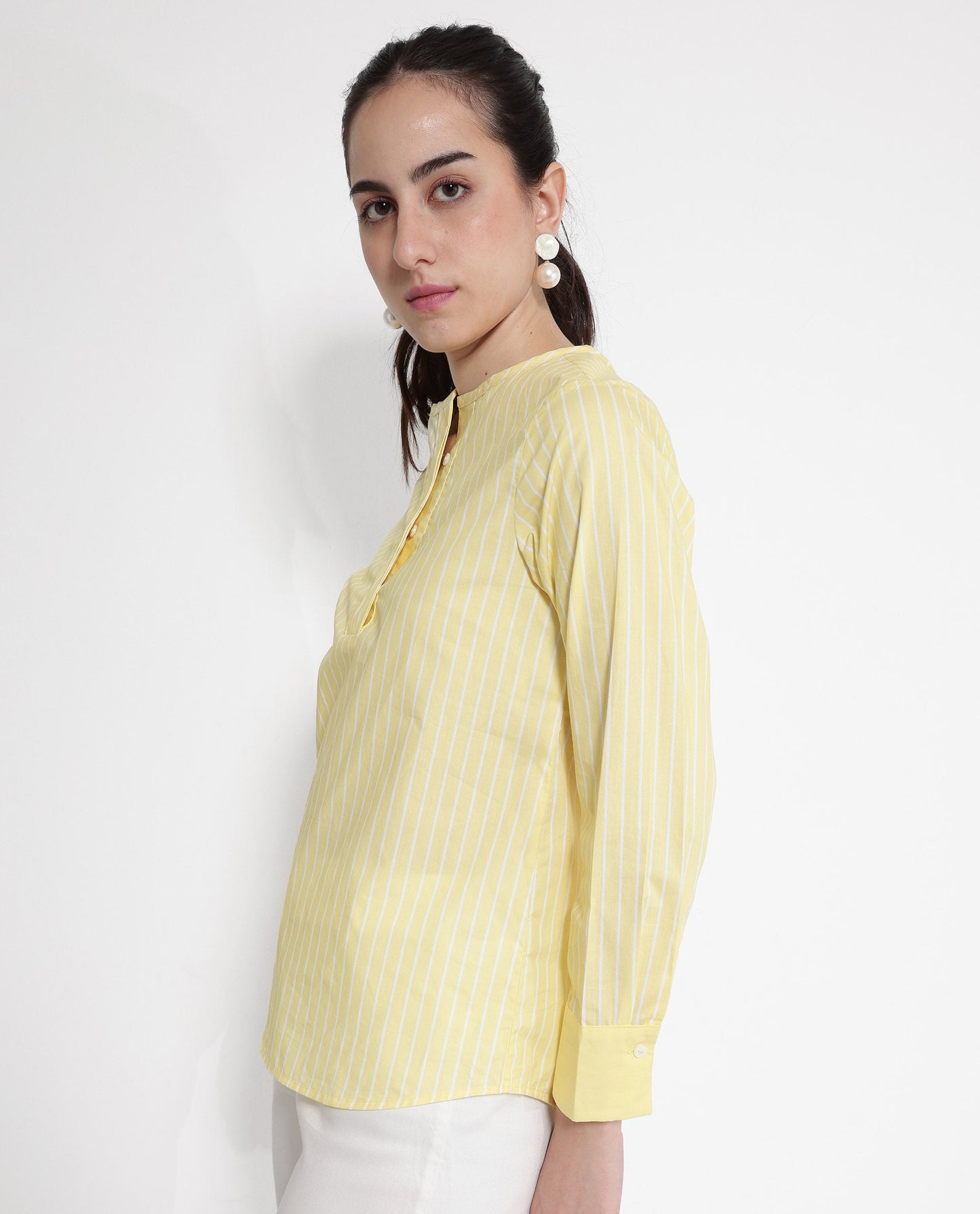 Rareism Women Zelma Yellow Cuffed Sleeve Round Neck Button Narrow Stripes Top