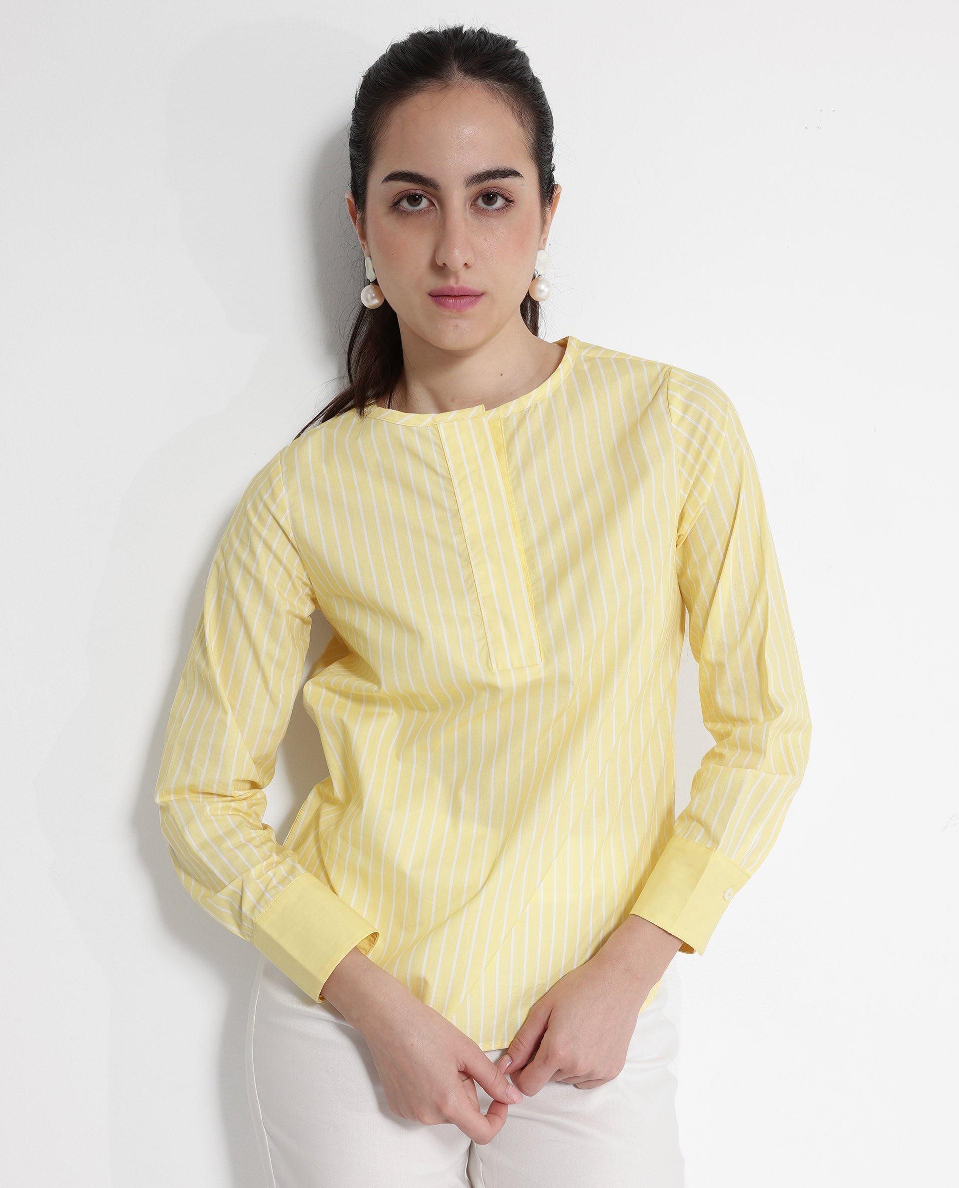 Rareism Women Zelma Yellow Cuffed Sleeve Round Neck Button Narrow Stripes Top