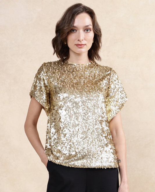 Rareism Women Zepla Mettalic Gold Polyester Fabric Short Sleeve Round Neck Button Closure Sequin Top