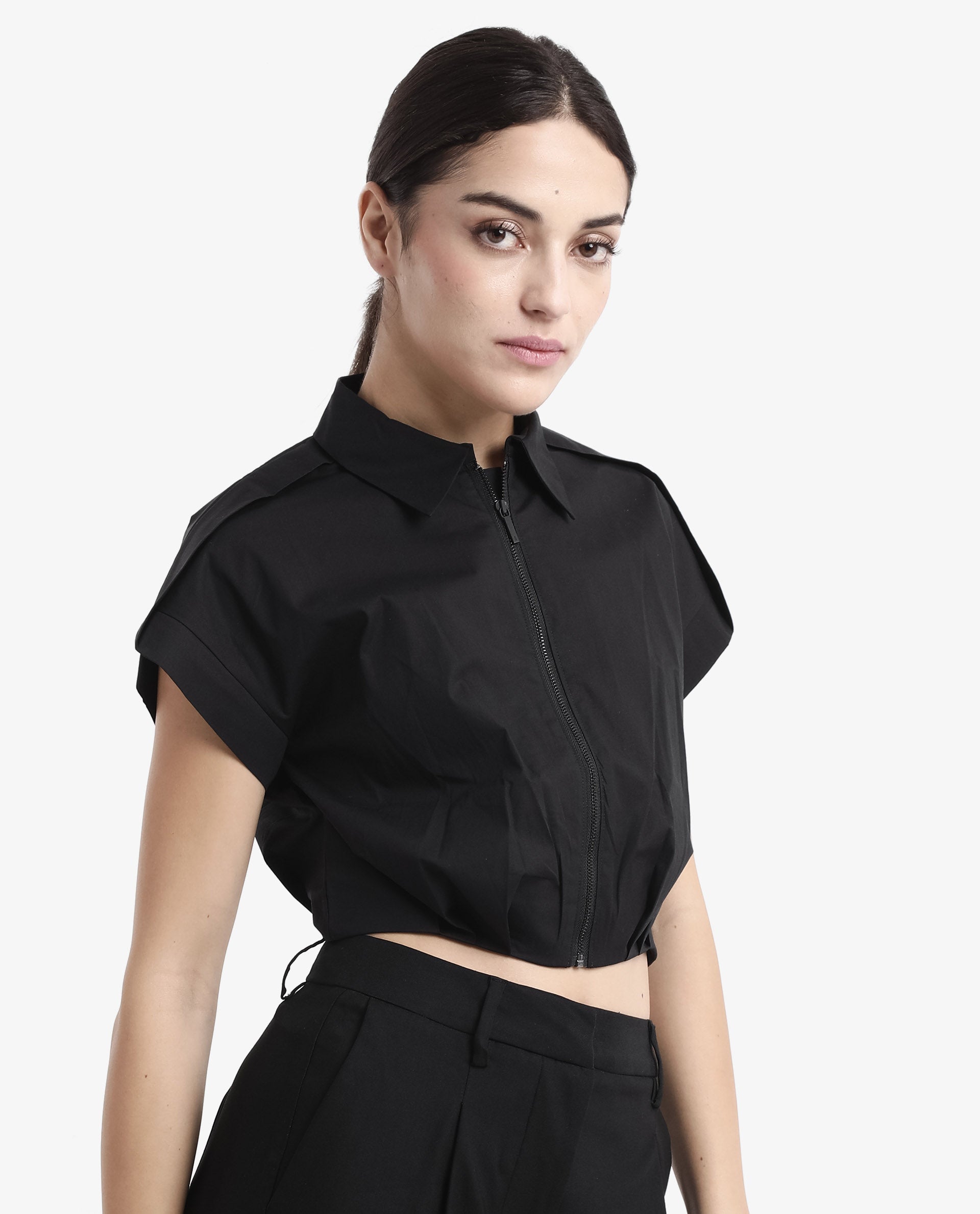 Rareism Women Zuckery Black Cotton Poly Fabric Extended Sleeves Collared Neck Zipper Closure Cropped Plain Top