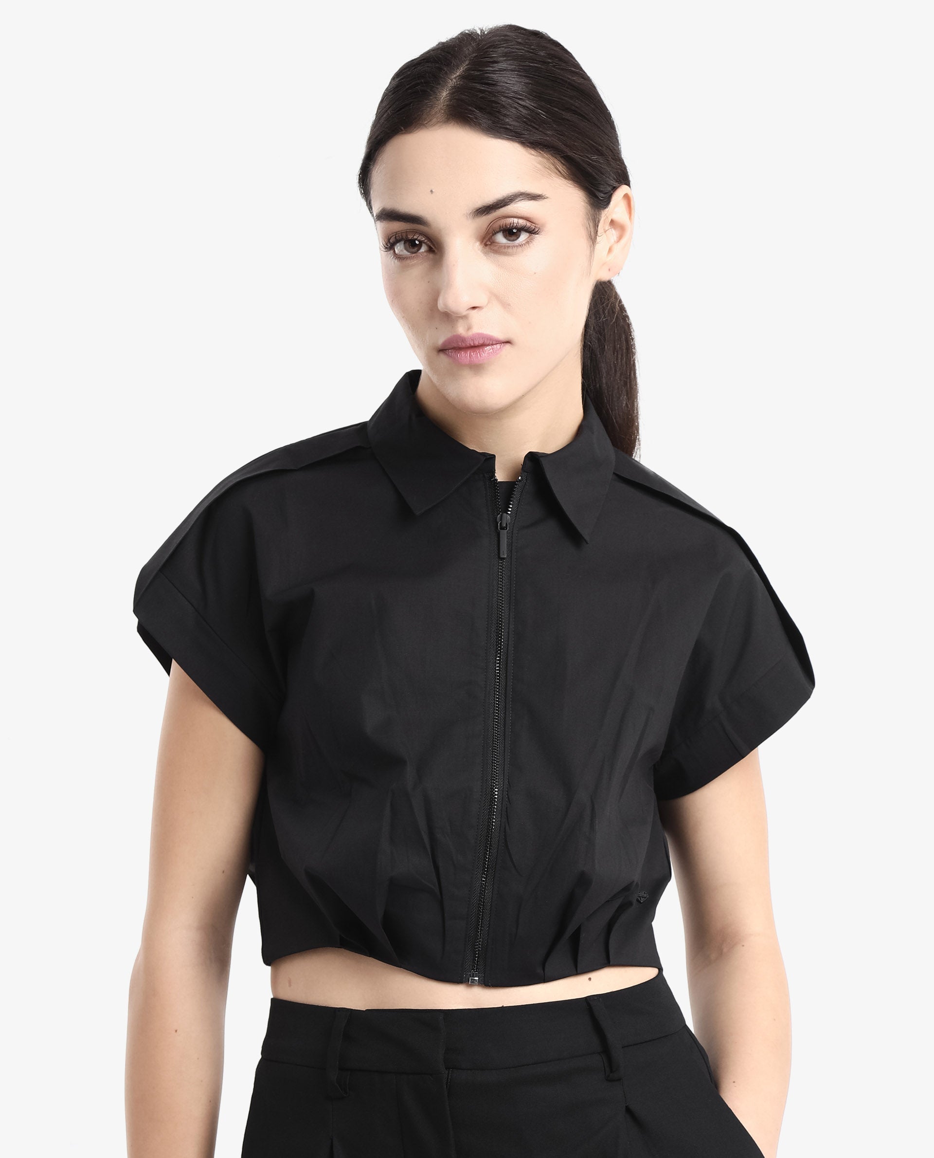 Rareism Women Zuckery Black Cotton Poly Fabric Extended Sleeves Collared Neck Zipper Closure Cropped Plain Top