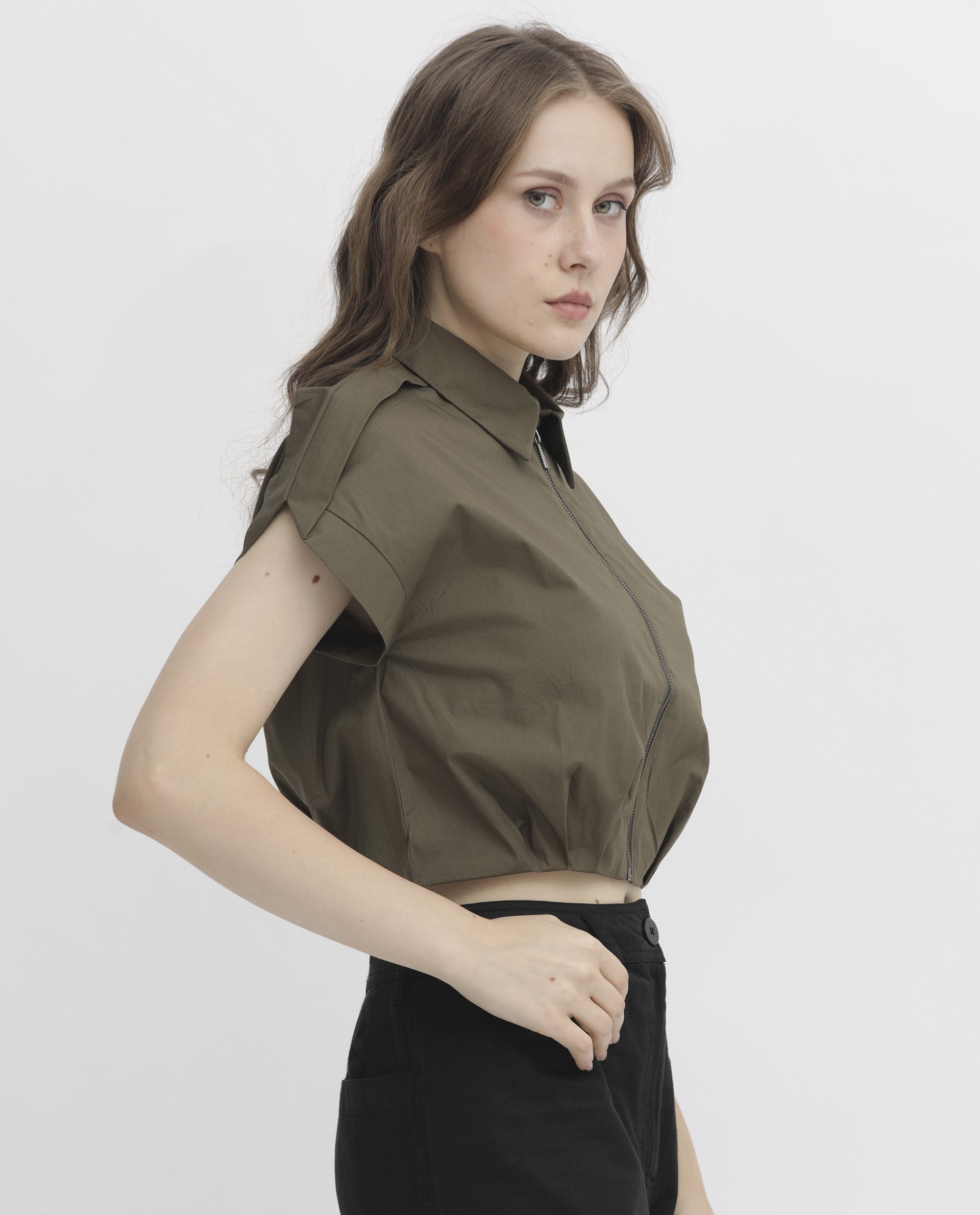 Rareism Women Zuckery Olive Cotton Polyester Fabric Short Sleeves Zip Closure Collared Neck Extended Sleeve Regular Fit Plain Cropped Top