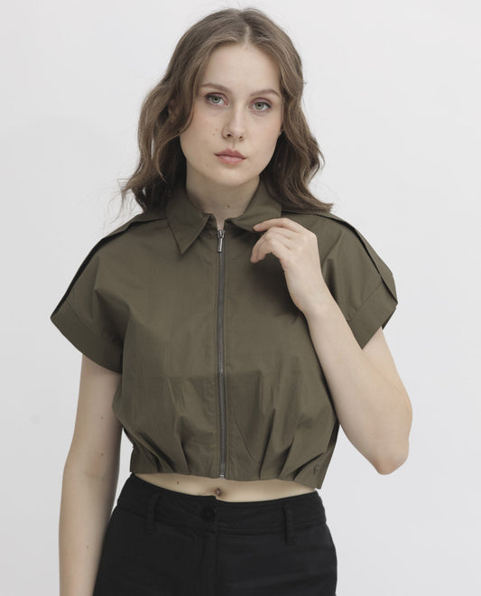 Rareism Women Zuckery Olive Cotton Polyester Fabric Short Sleeves Zip Closure Collared Neck Extended Sleeve Regular Fit Plain Cropped Top