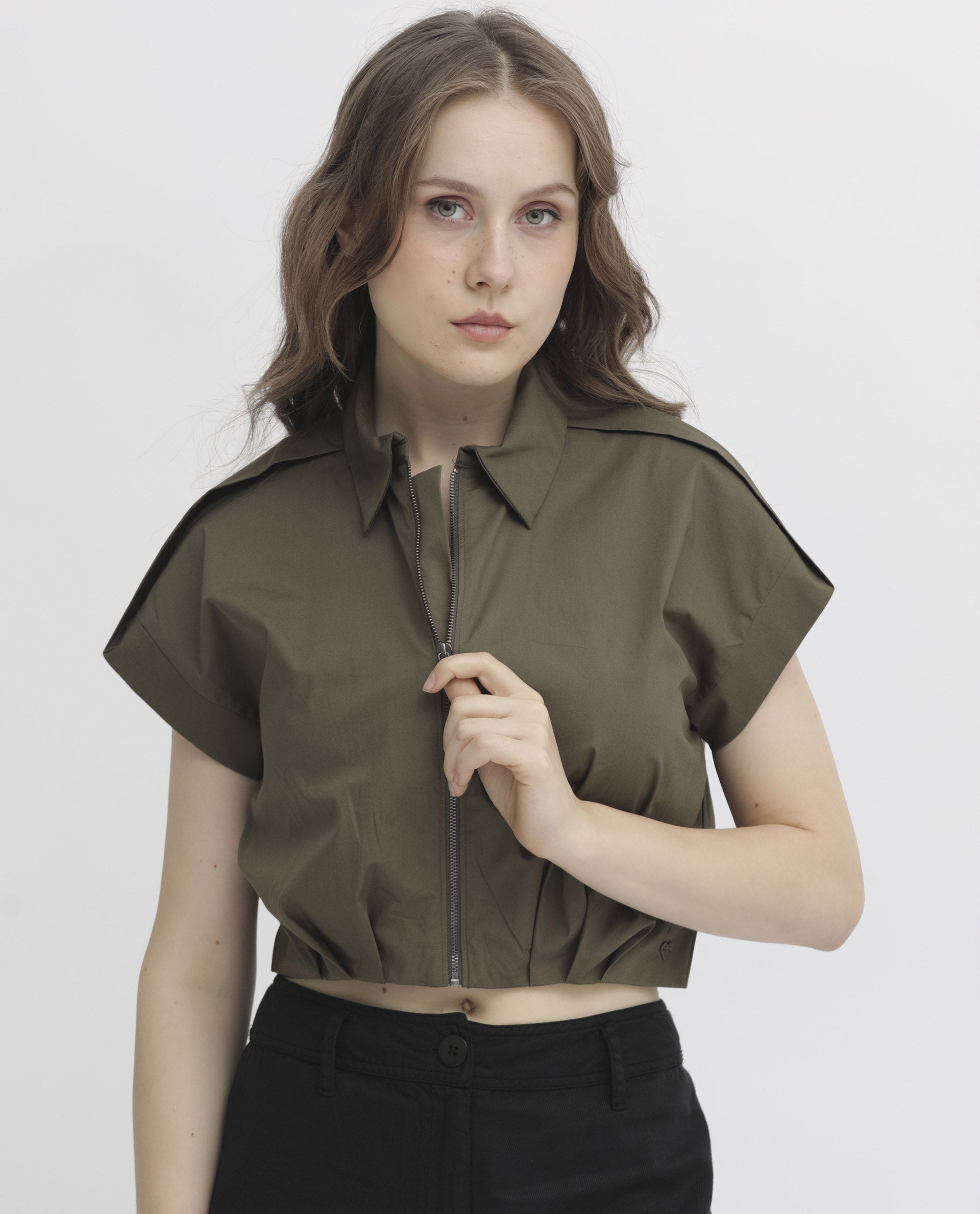 Rareism Women Zuckery Olive Cotton Polyester Fabric Short Sleeves Zip Closure Collared Neck Extended Sleeve Regular Fit Plain Cropped Top