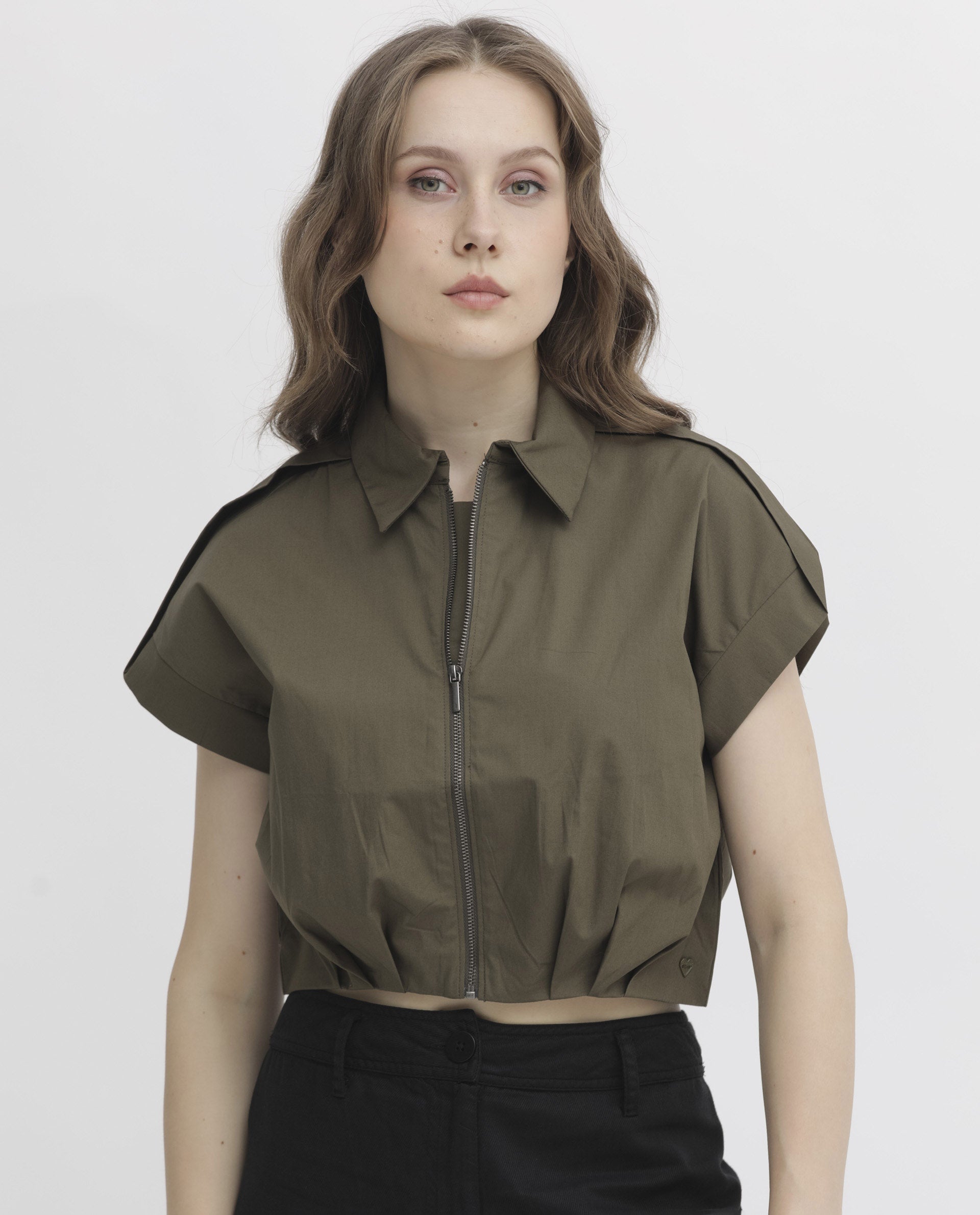 Rareism Women Zuckery Olive Cotton Polyester Fabric Short Sleeves Zip Closure Collared Neck Extended Sleeve Regular Fit Plain Cropped Top