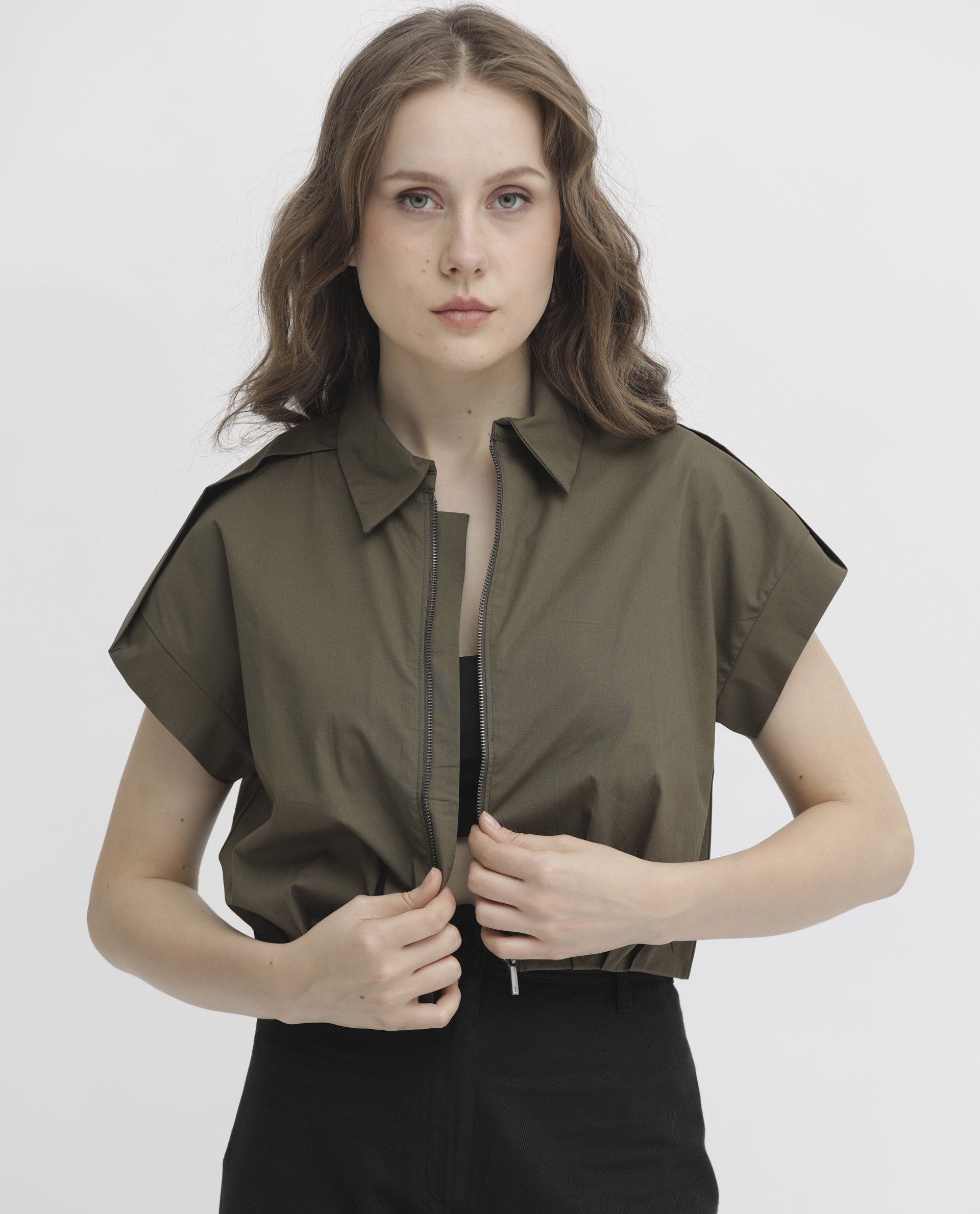 Rareism Women Zuckery Olive Cotton Polyester Fabric Short Sleeves Zip Closure Collared Neck Extended Sleeve Regular Fit Plain Cropped Top