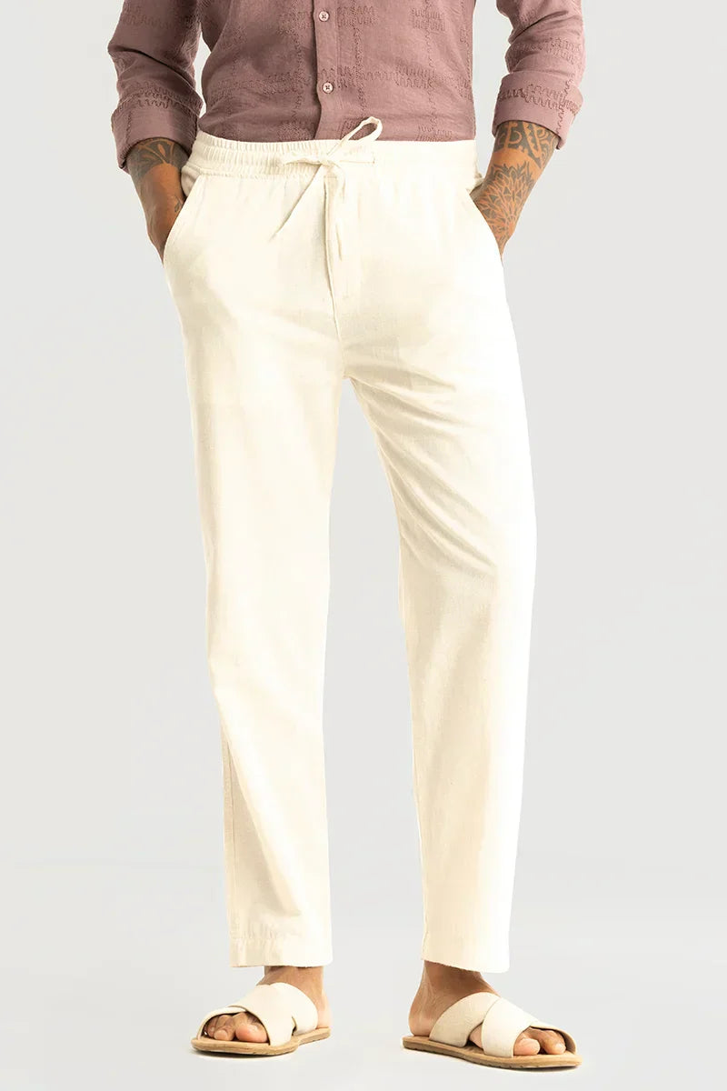 Vincenzo Cream Plain Linen Slim Fit Trouser