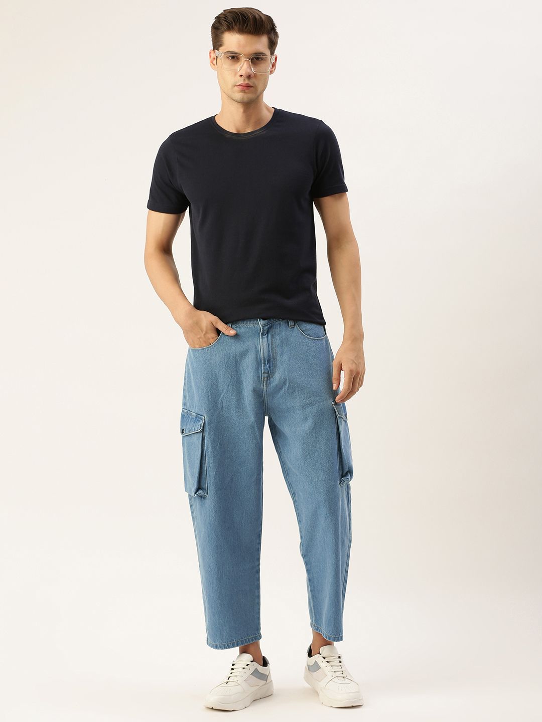 Men Light Blue Cropped Loose Fit Solid Cargo Jeans