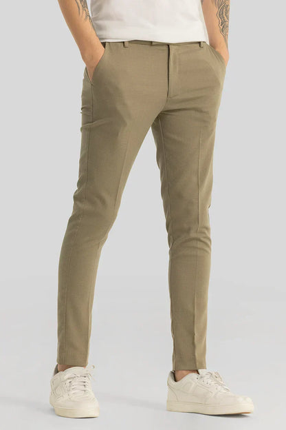 Yann Khaki Plain Slim Fit Trousers