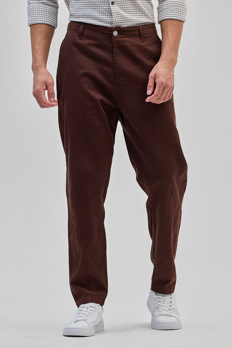 Brown Textured Relaxed Fit Trousers