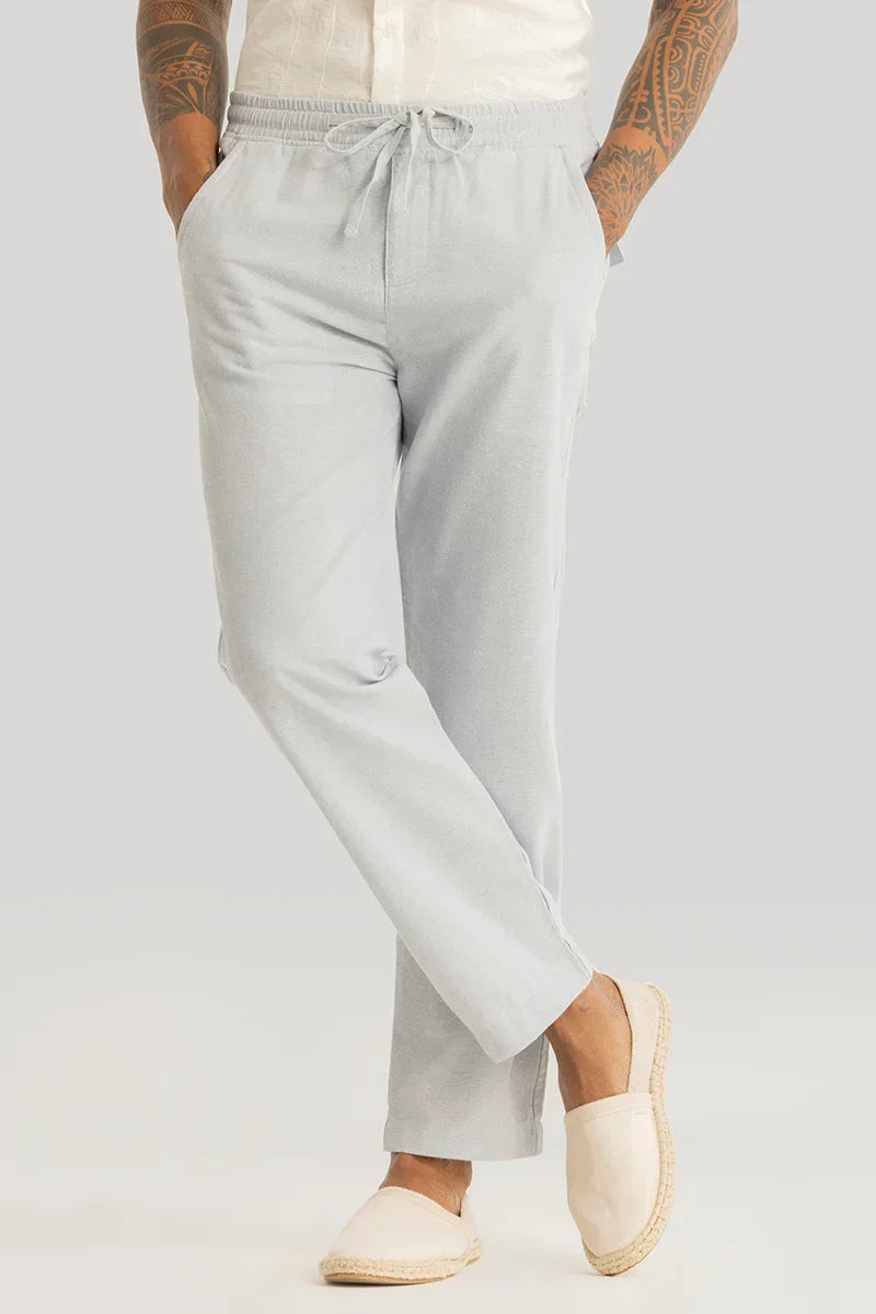 Vincenzo Light Grey Plain Linen Slim Fit Trouser