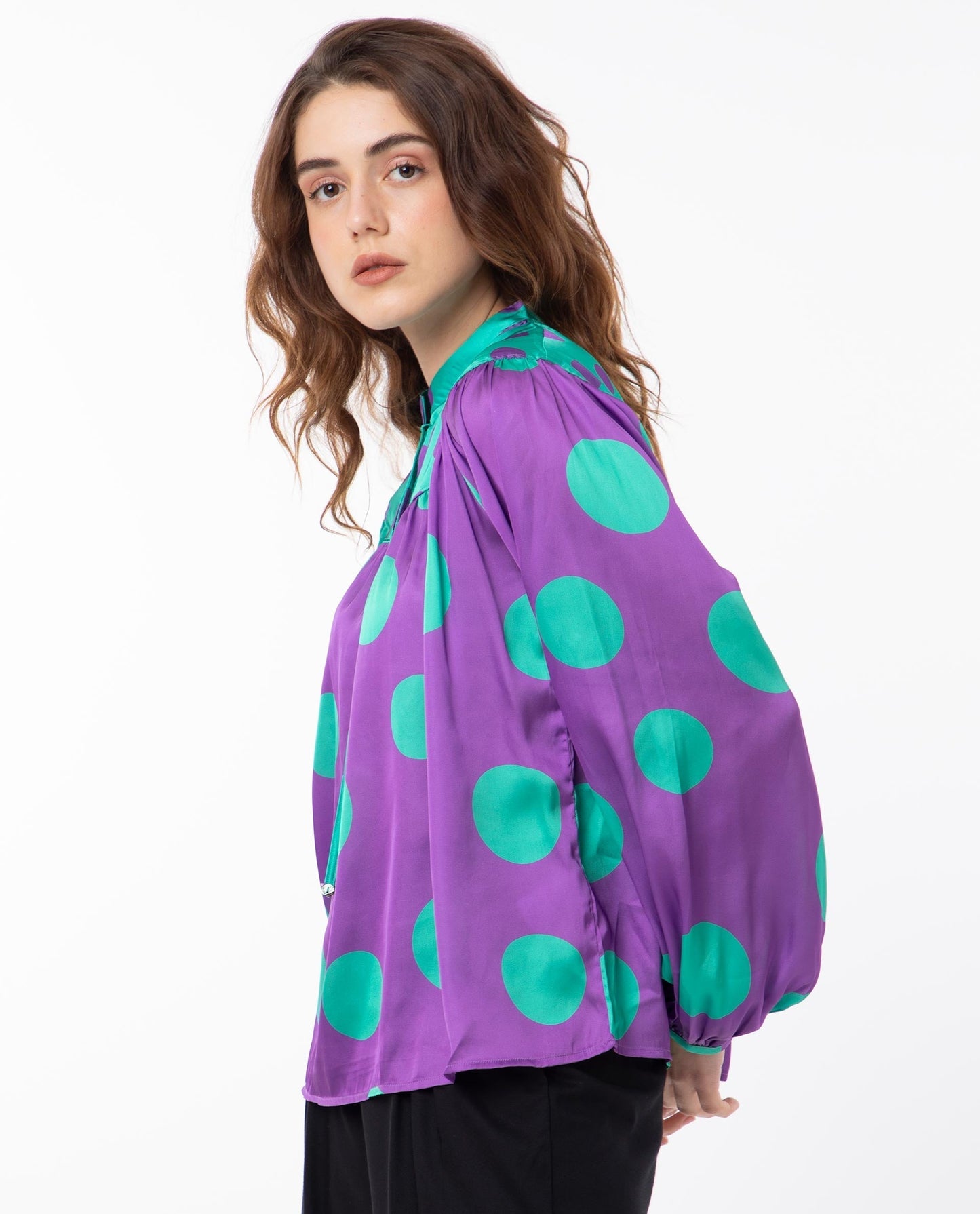 Rareism Women Brust Purple Polyester Fabric Full Sleeves Tie-Up Closure Mandarin Collar Bishop Sleeve Relaxed Fit Polka Top