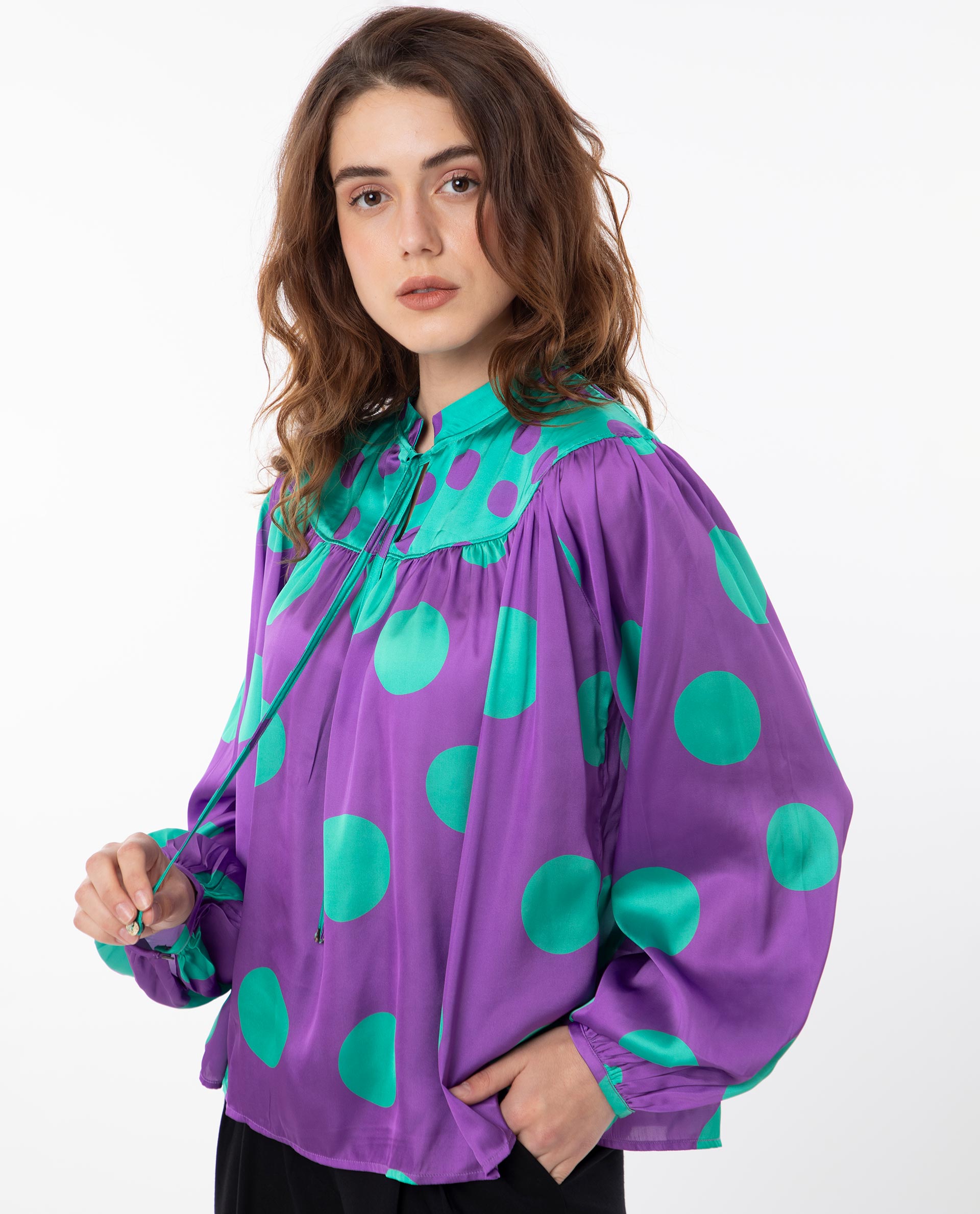 Rareism Women Brust Purple Polyester Fabric Full Sleeves Tie-Up Closure Mandarin Collar Bishop Sleeve Relaxed Fit Polka Top