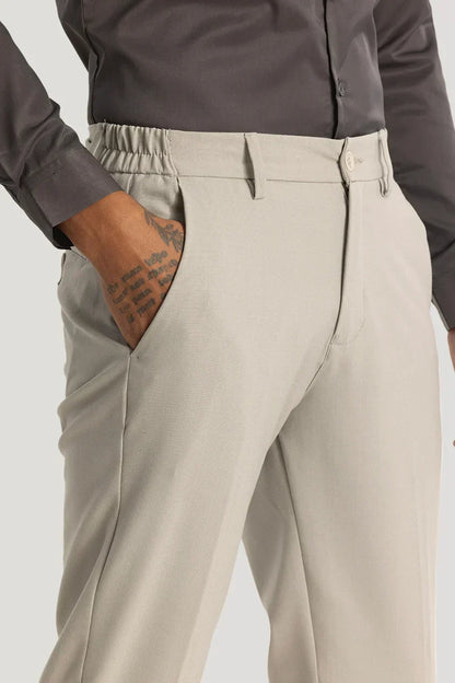 Cream Self-Design Slim Fit Trousers