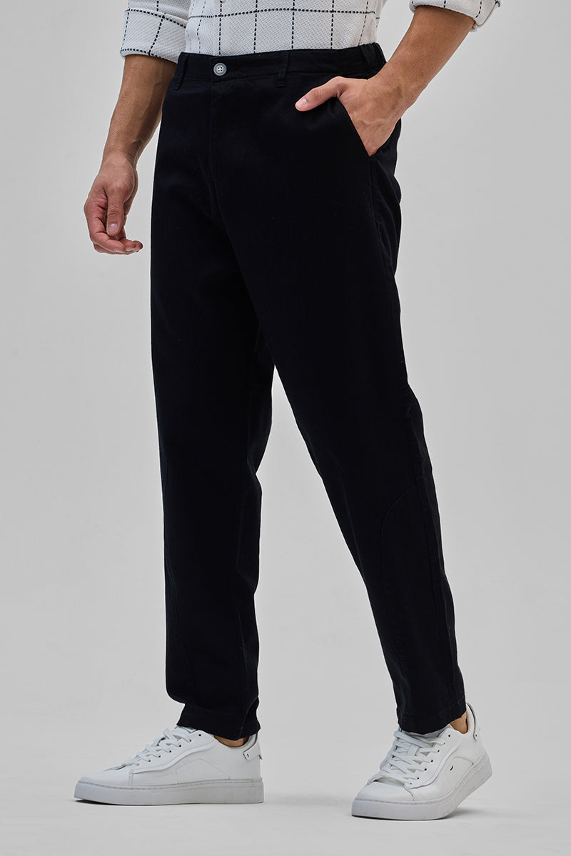 Black Textured Relaxed Fit Trousers