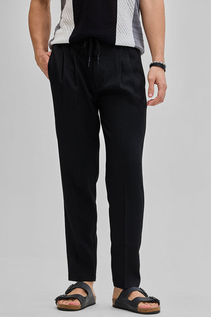 Black Textured Relaxed Fit Trousers