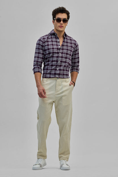 Cream Textured Relaxed Fit Trousers