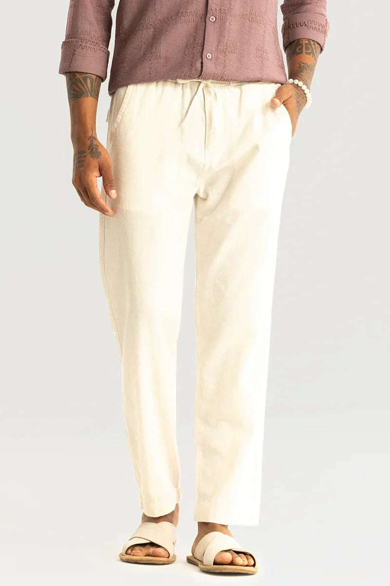 Vincenzo Cream Plain Linen Slim Fit Trouser