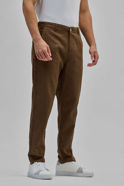 Brown Textured Relaxed Fit Trousers