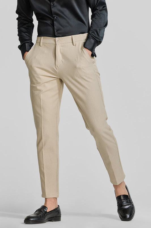 Beige Stretch Slim Fit Trousers