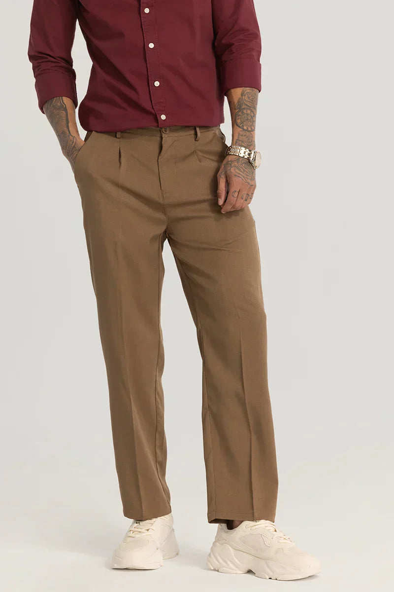 Brown Plain Relaxed Fit Trousers