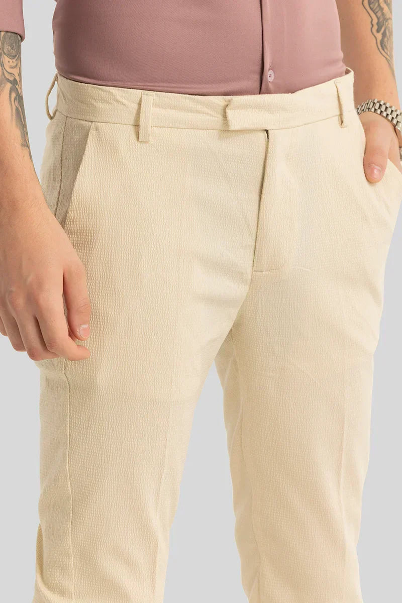 Yann Beige Plain Slim Fit Trousers