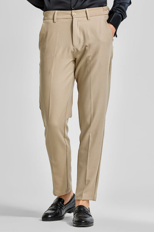 Beige Plain Regular Fit Trousers