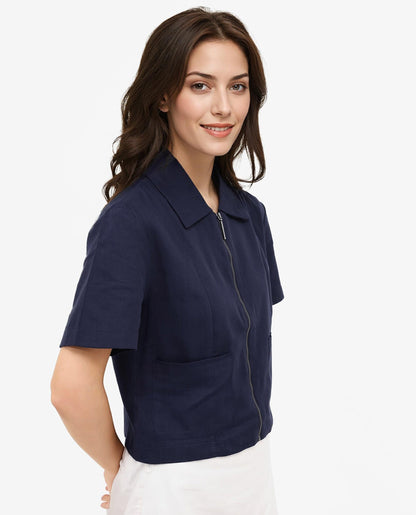 Rareism Women Klappy Navy Short Sleeve Collared Neck Zipper Closure Cropped Plain Top