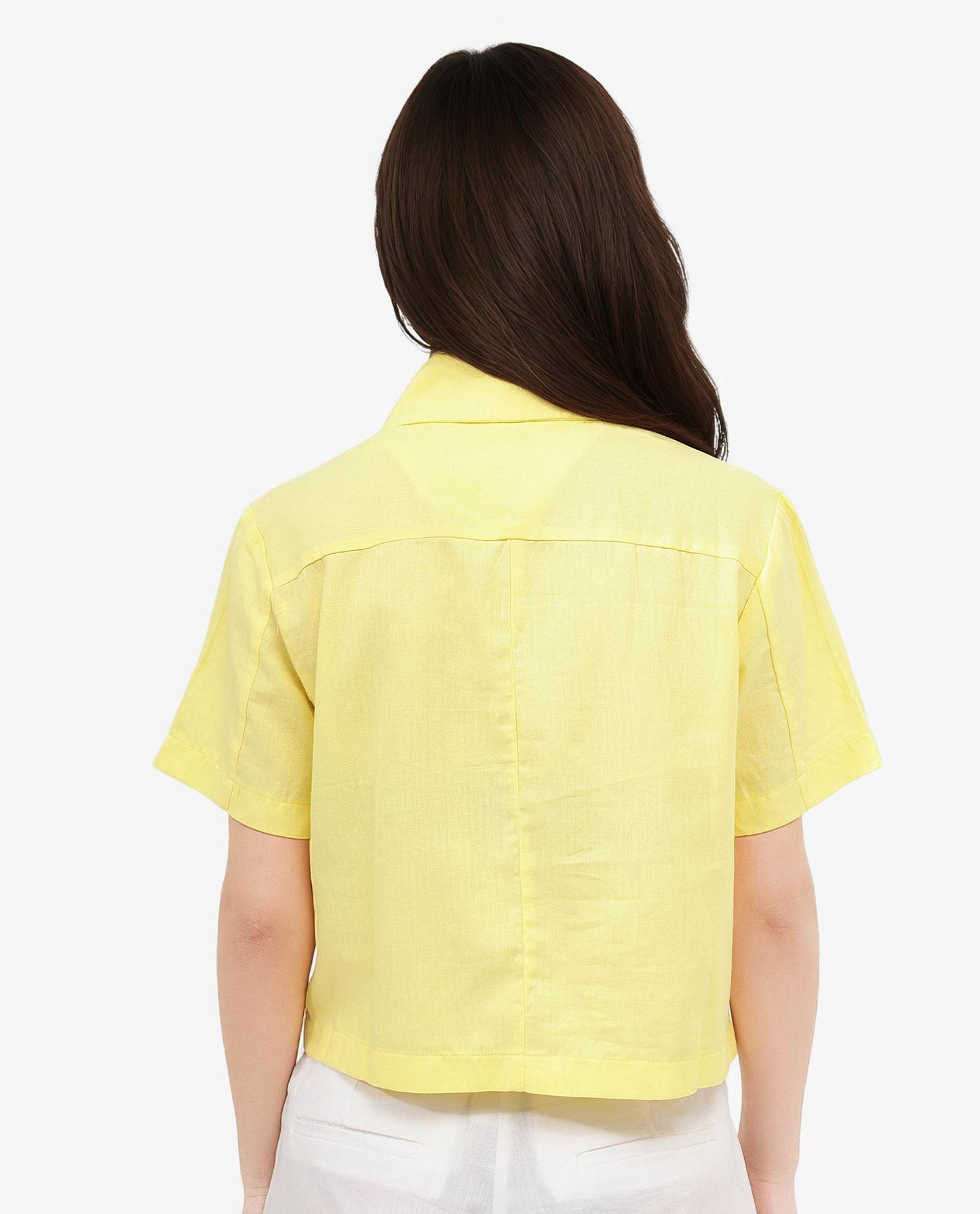 Rareism Women Klappy Yellow Short Sleeve Collared Neck Zipper Closure Cropped Plain Top