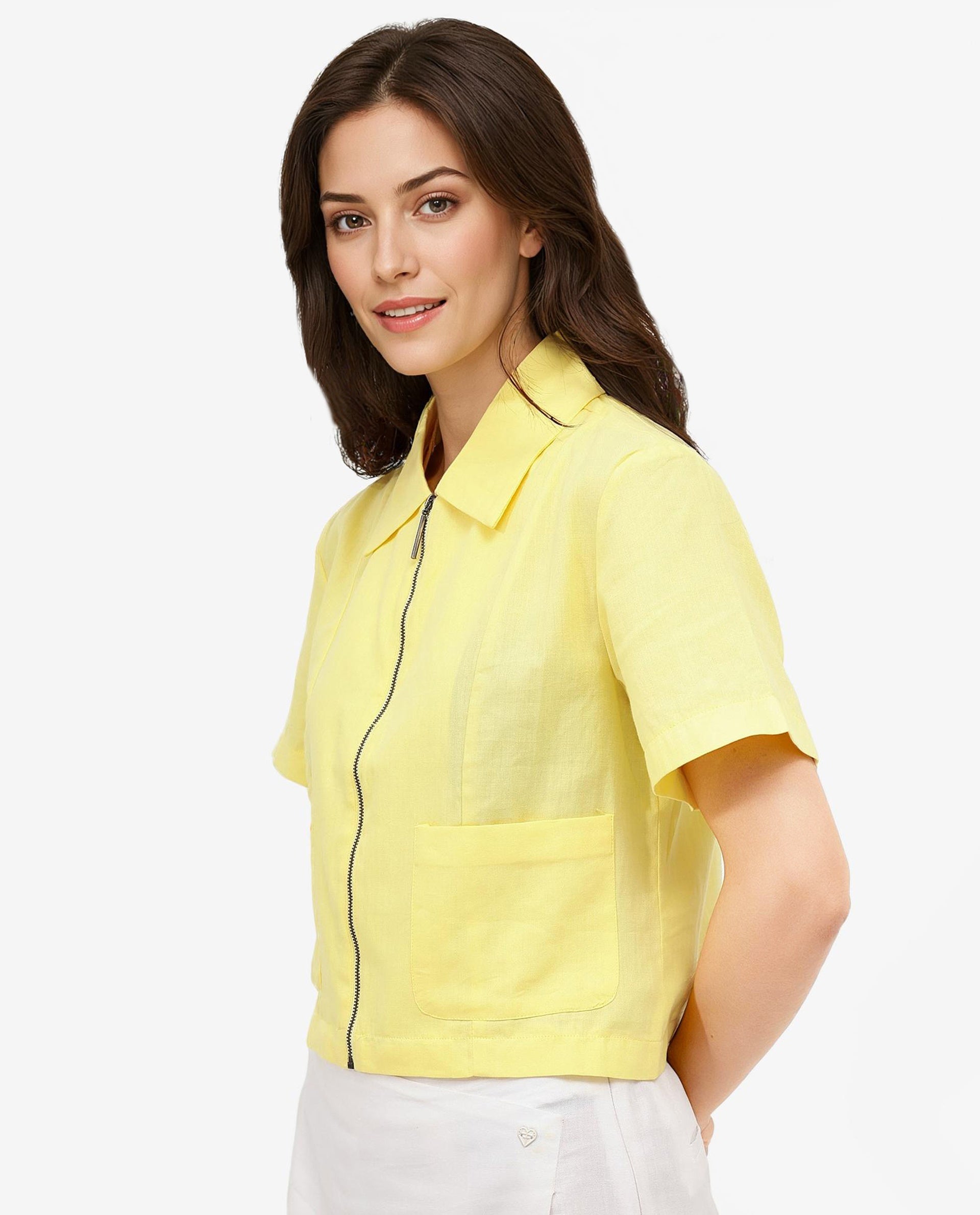 Rareism Women Klappy Yellow Short Sleeve Collared Neck Zipper Closure Cropped Plain Top