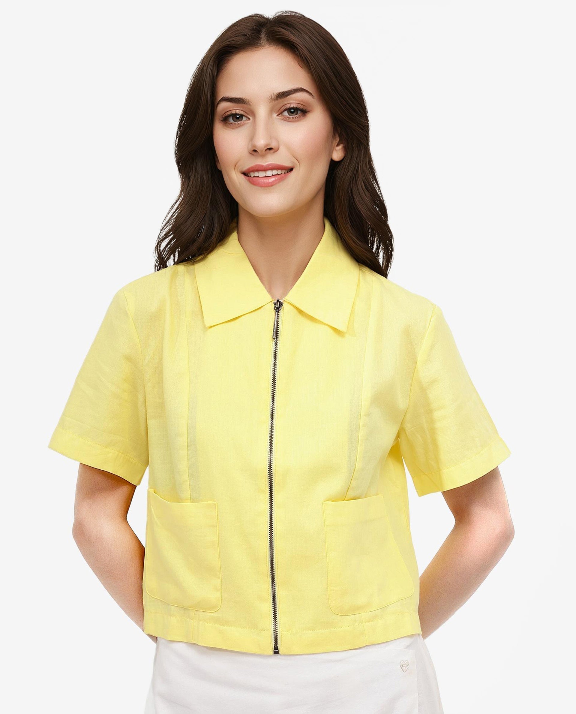 Rareism Women Klappy Yellow Short Sleeve Collared Neck Zipper Closure Cropped Plain Top