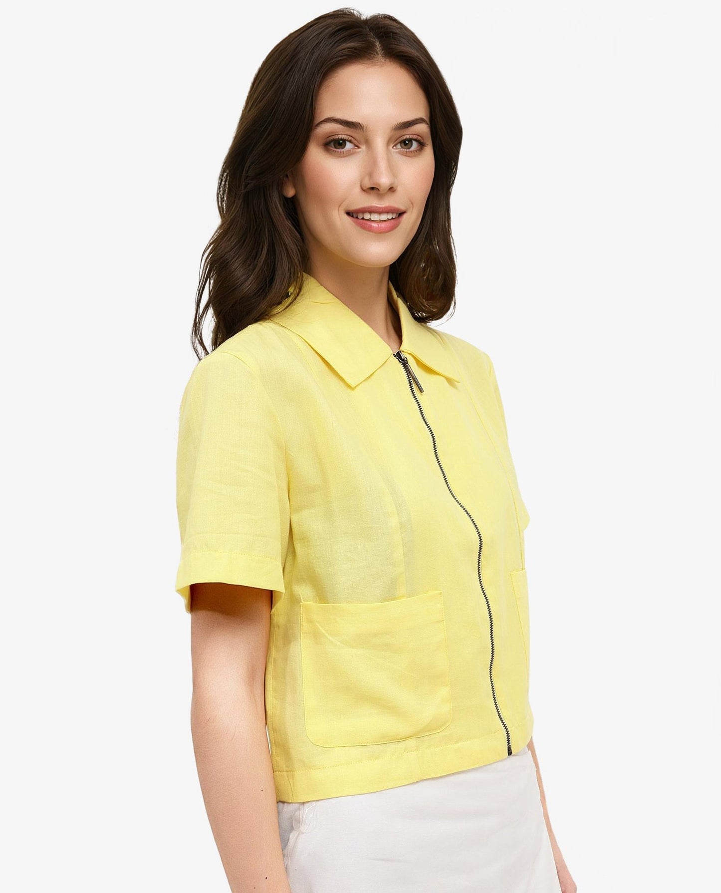 Rareism Women Klappy Yellow Short Sleeve Collared Neck Zipper Closure Cropped Plain Top