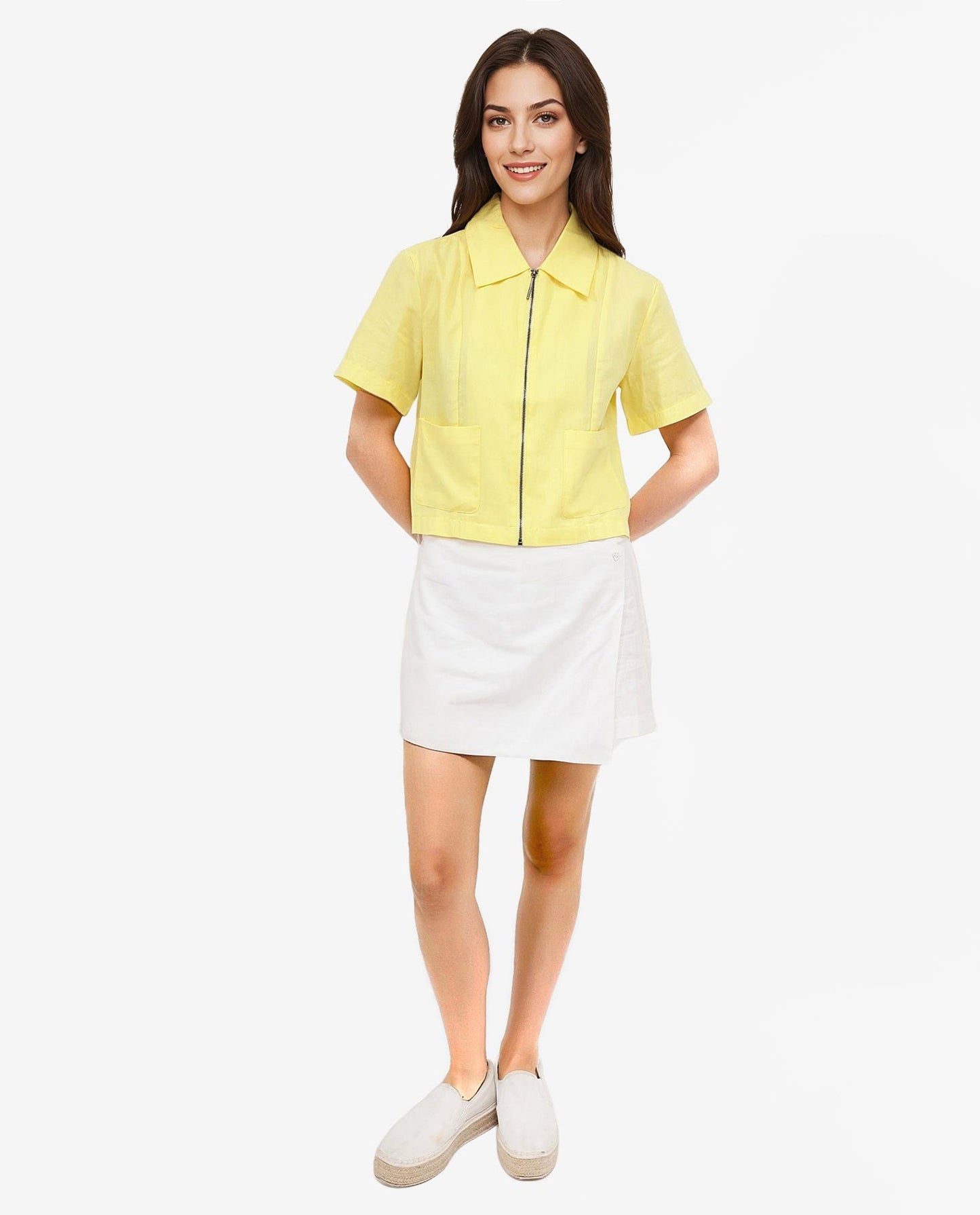 Rareism Women Klappy Yellow Short Sleeve Collared Neck Zipper Closure Cropped Plain Top