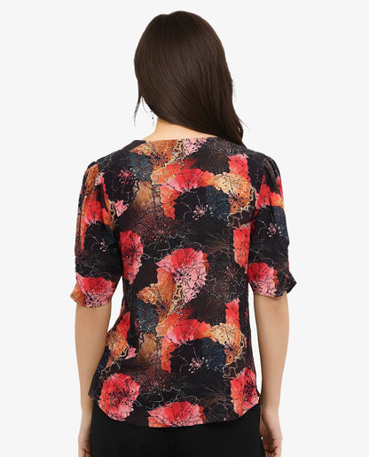 Rareism Women Labia Multi Bell Sleeves V-Neck Zipper Closure Cropped Floral Print Top