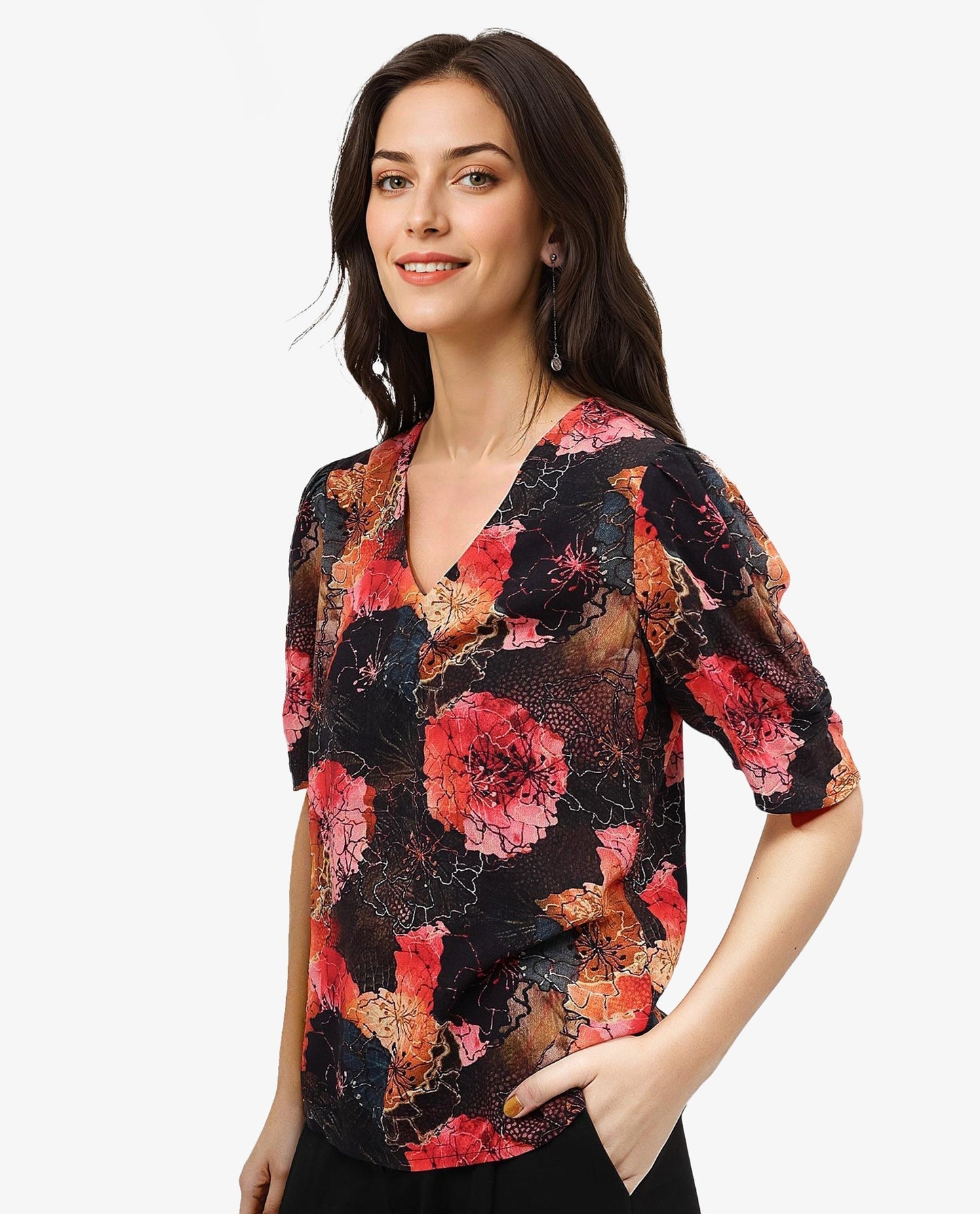 Rareism Women Labia Multi Bell Sleeves V-Neck Zipper Closure Cropped Floral Print Top