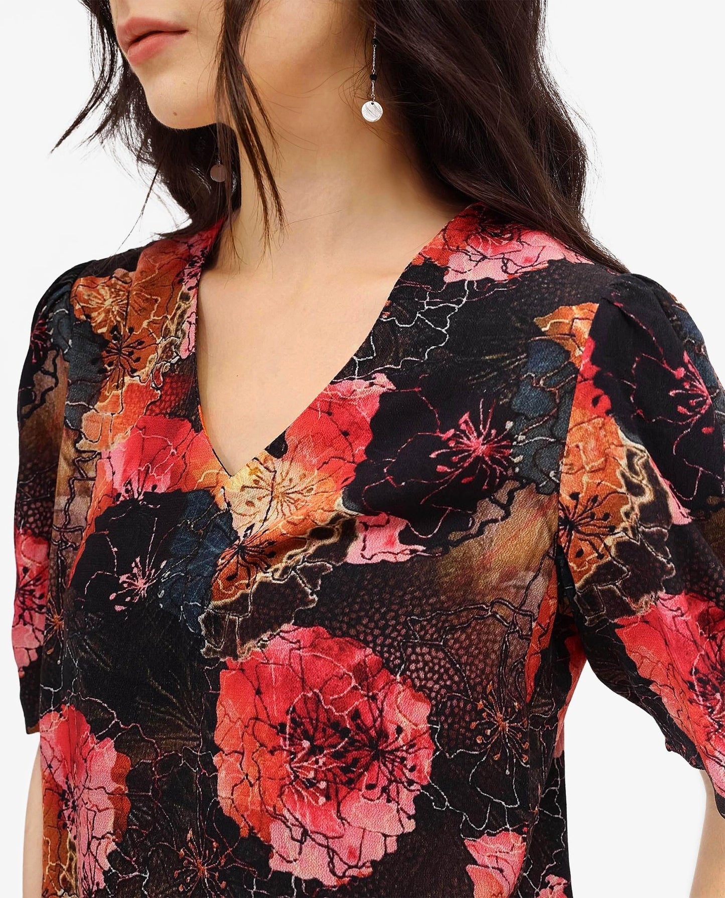 Rareism Women Labia Multi Bell Sleeves V-Neck Zipper Closure Cropped Floral Print Top