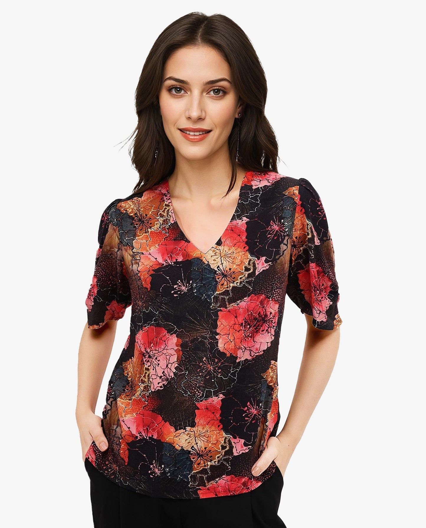 Rareism Women Labia Multi Bell Sleeves V-Neck Zipper Closure Cropped Floral Print Top