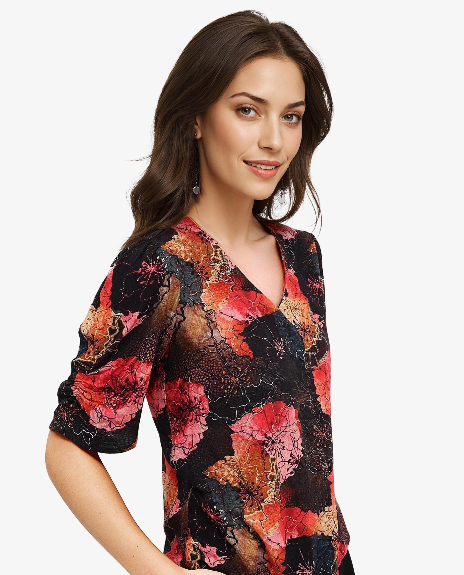 Rareism Women Labia Multi Bell Sleeves V-Neck Zipper Closure Cropped Floral Print Top