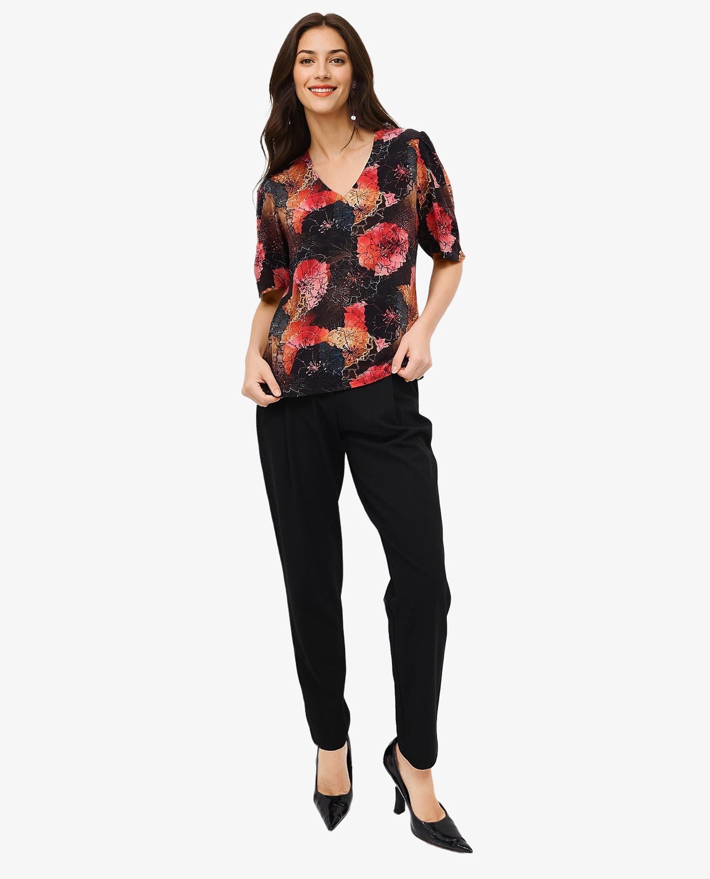 Rareism Women Labia Multi Bell Sleeves V-Neck Zipper Closure Cropped Floral Print Top