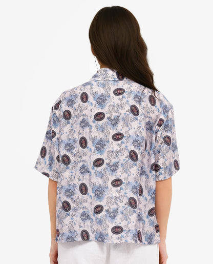 Rareism Women Orchard Off White Short Sleeve Collared Collar Button Boxy Fit Abstract Print Shirt