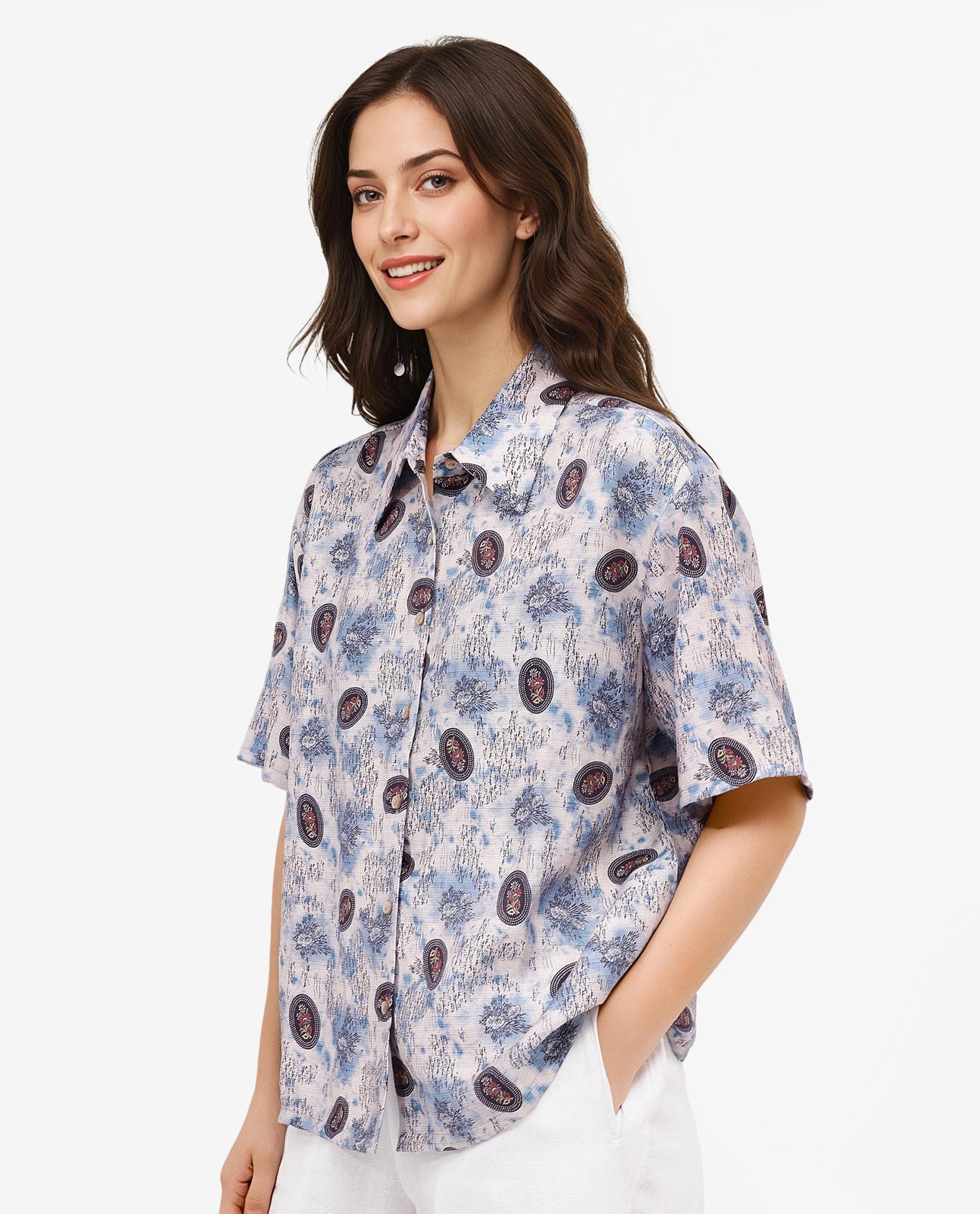 Rareism Women Orchard Off White Short Sleeve Collared Collar Button Boxy Fit Abstract Print Shirt