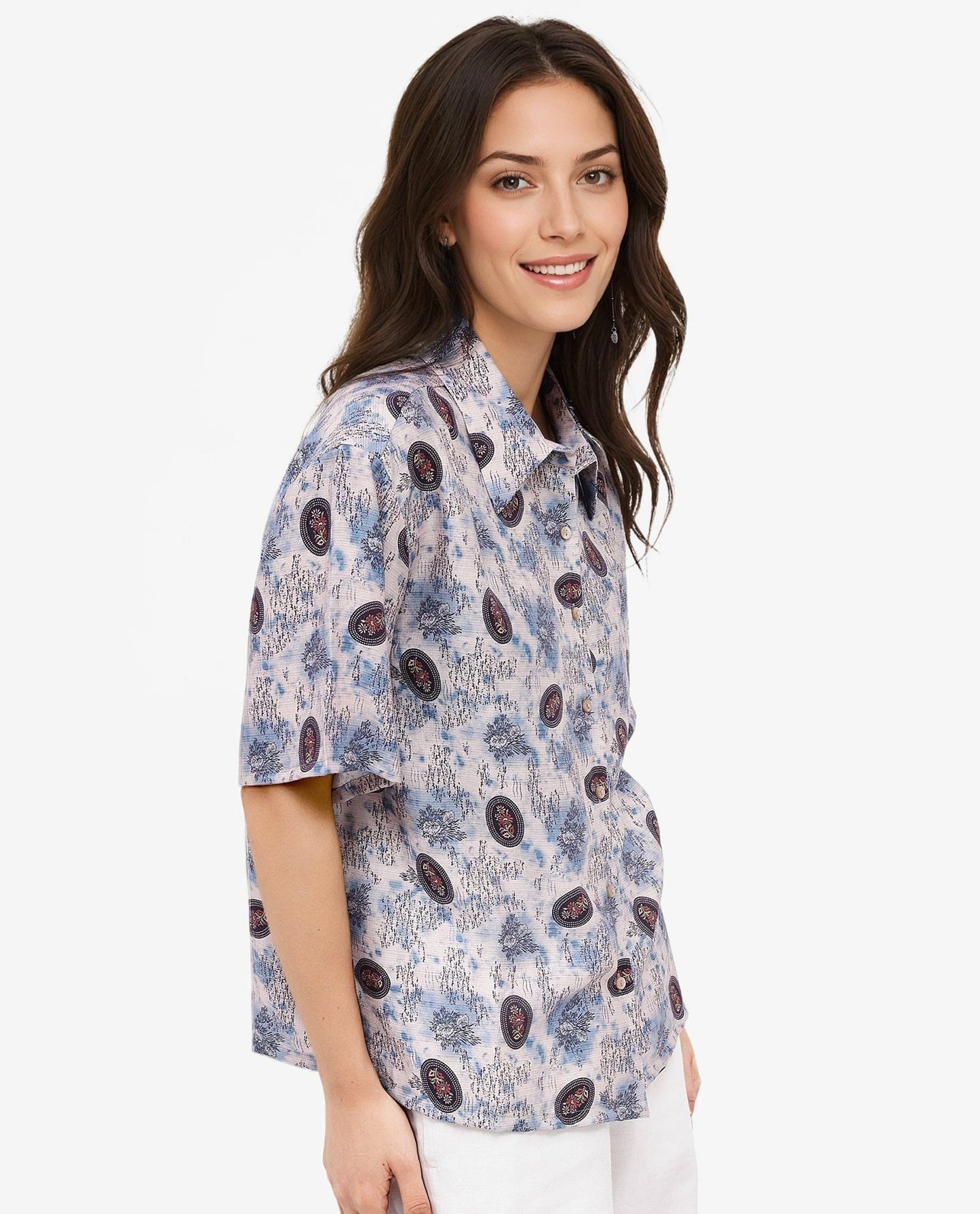 Rareism Women Orchard Off White Short Sleeve Collared Collar Button Boxy Fit Abstract Print Shirt