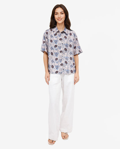 Rareism Women Orchard Off White Short Sleeve Collared Collar Button Boxy Fit Abstract Print Shirt