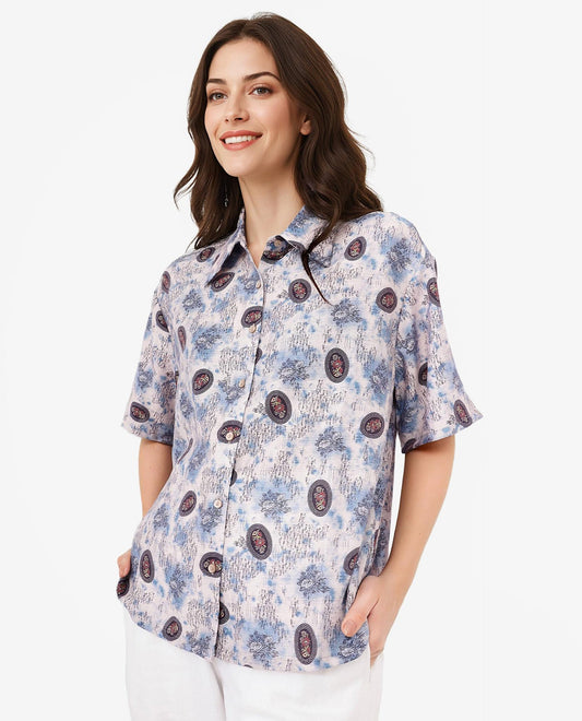 Rareism Women Orchard Off White Short Sleeve Collared Collar Button Boxy Fit Abstract Print Shirt