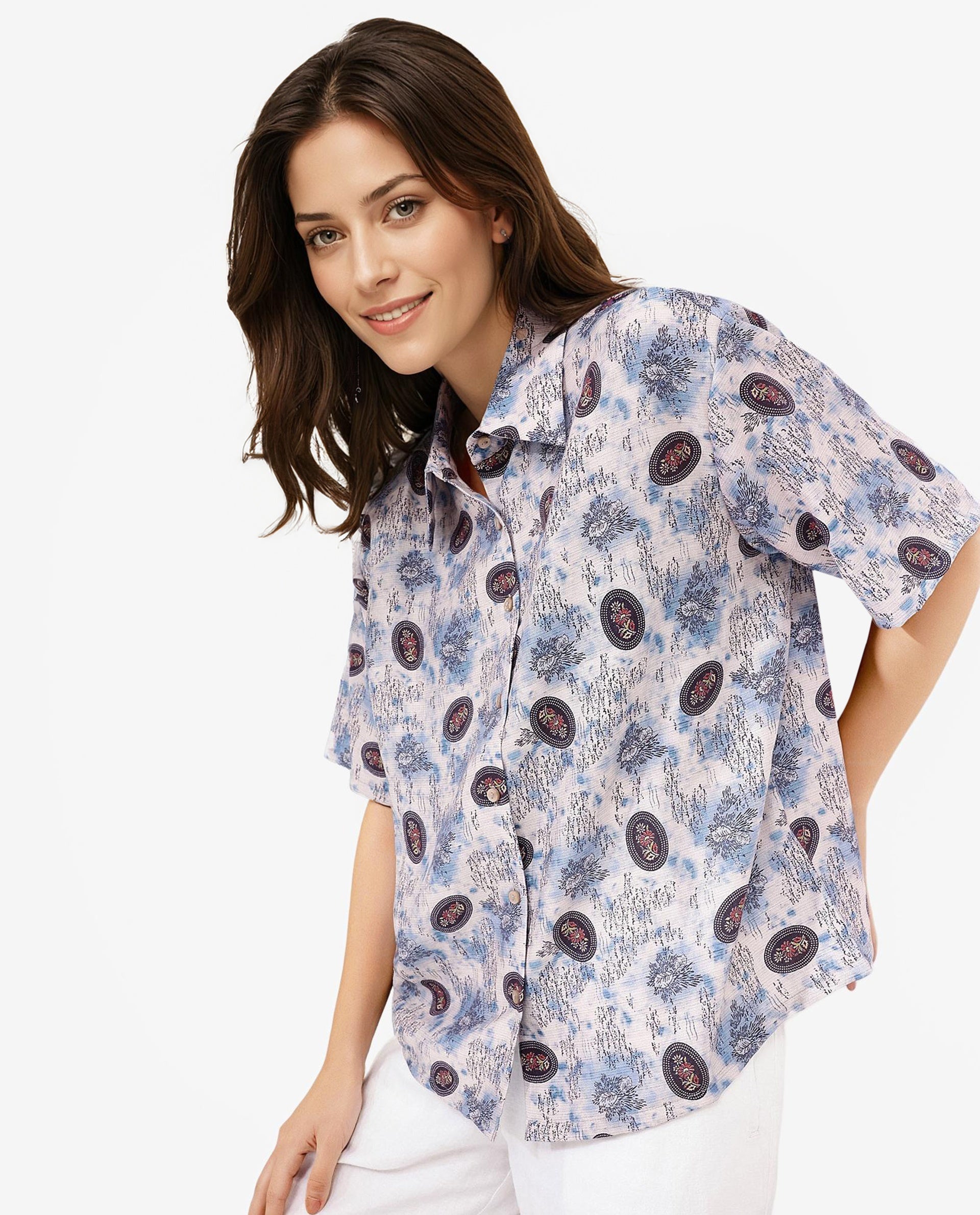 Rareism Women Orchard Off White Short Sleeve Collared Collar Button Boxy Fit Abstract Print Shirt