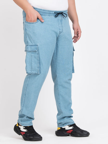 Men Light Blue Regular Fit Solid Denim Cargo Jeans