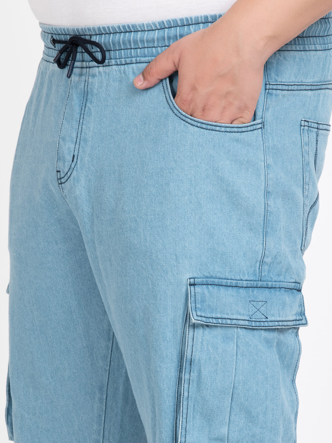 Men Light Blue Regular Fit Solid Denim Cargo Jeans